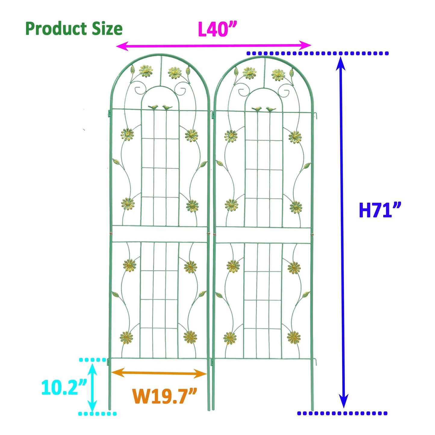 2 Pack 71" x 19.7" Metal Garden Trellis Rustproof Trellis for Climbing Plants Outdoor Flower Support Wrought Iron Ivy Vine Cucumbers Decorative(Green)