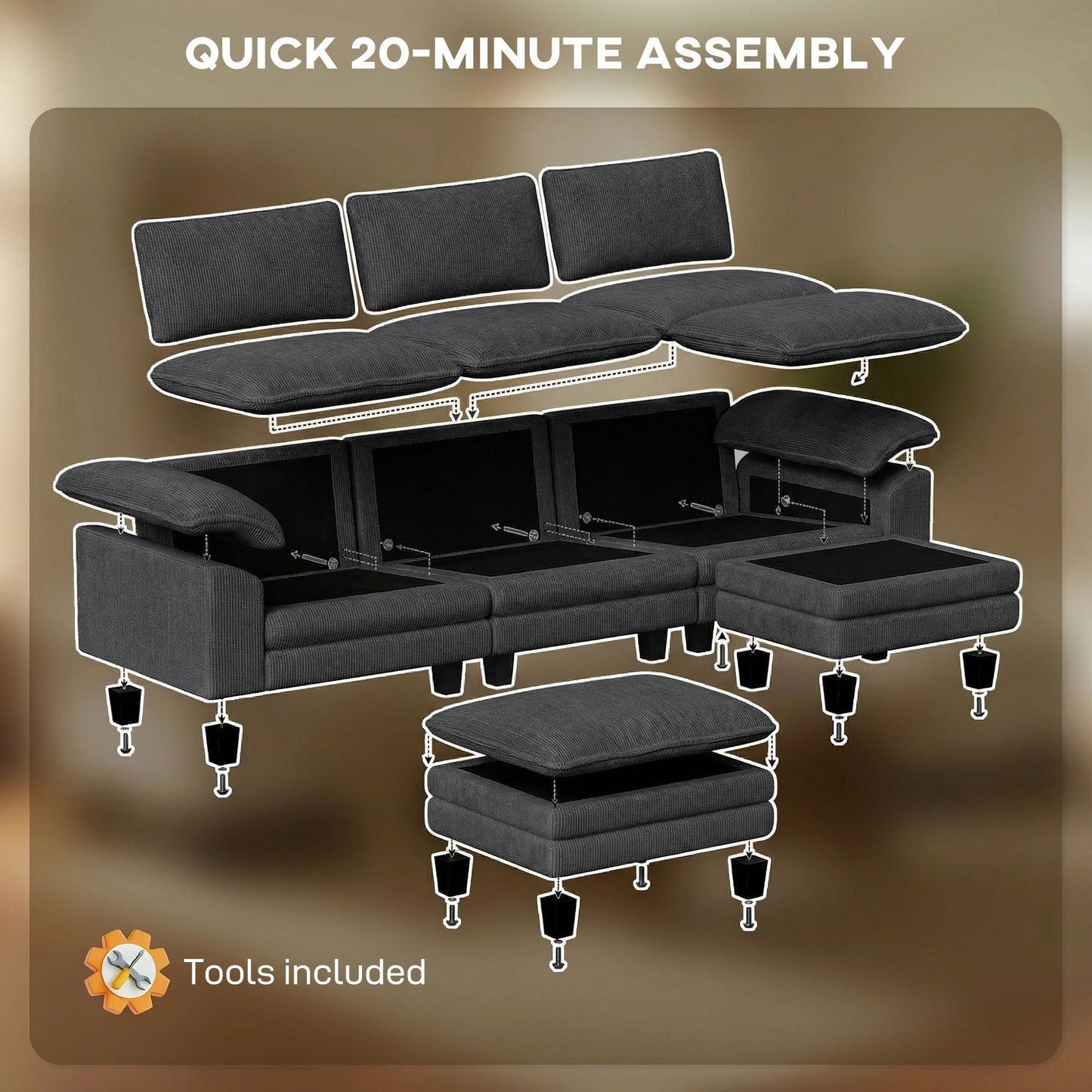Sectional Sofa, L Shaped Couch with Deep Seat, Movable Ottoman and Pillow-top Armrests, Dark Gray