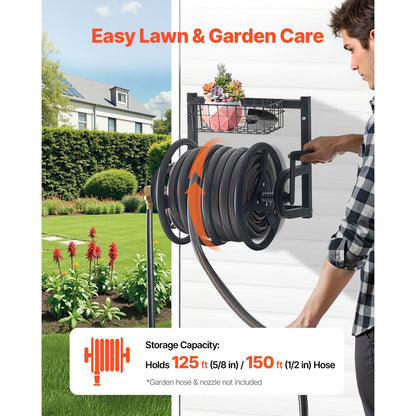 Wall Mounted Garden Hose Reel, Holds 125 ft 5/8-inch Hose, Heavy-Duty Water Hose Winder, Space-Saving Design, Outdoor Manual Reel with Brass Fitting and Storage Basket for Yard Lawn