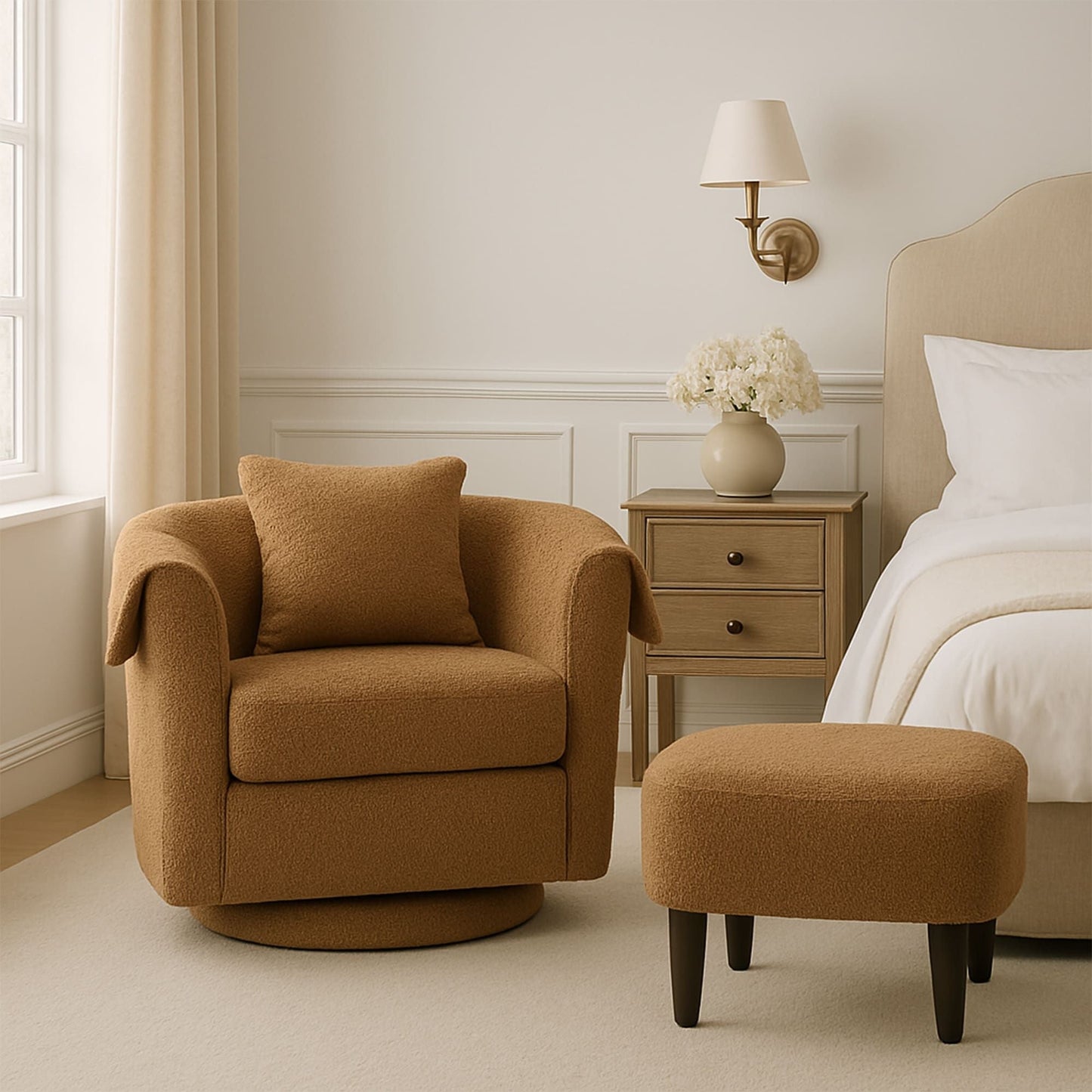 Swivel Accent Chair with Ottoman Set, Modern Chenille Barrel Armchair with Removable Back Pillow & 2 Armrest Covers for Living Room, Bedroom, Office, Yellow