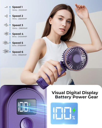 Portable Handheld Fan, Portable Fan Rechargeable, 4000mAh, 180° Adjustable, 6 Speed Wind, Display Electricity in Real Time, USB Rechargeable Foldable F an, Quiet Personal Fan as Power Bank