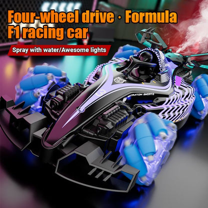 Remote control toy car F1 racing style, with music and light, the tail can be spray.