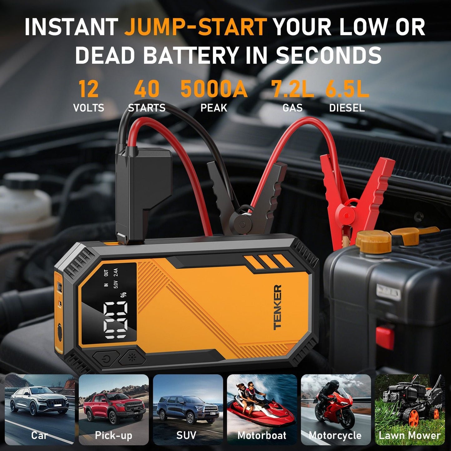 5000A Car Jump Starter 7.2L Gas or 6.5L Diesel 44.4W Portable Power Bank LED Flashlight 12V Jumper Box 10 Protections Built in Comprehensive Protection
