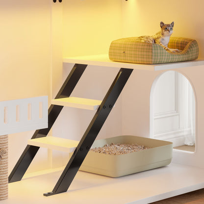 47.25" Large Cat Litter Box Enclosure with LED Light, Hidden Litter Box Furniture, Cat House with Stairs and Cat Scratching Post, Cat Cabinet Side Table with Smart Doors for Living Room