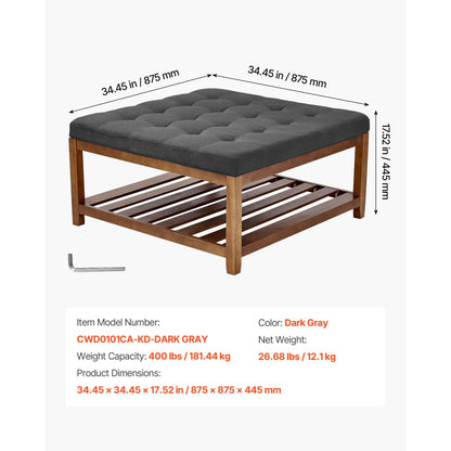Large Square Ottoman Coffee Table, 34.5 Inch Tufted Coffee Table with Solid Wood Shelf Storage, Linen Solid Upholstered Footrest Ottoman for Bedroom Living Room, 400 LBS, Dark Gray