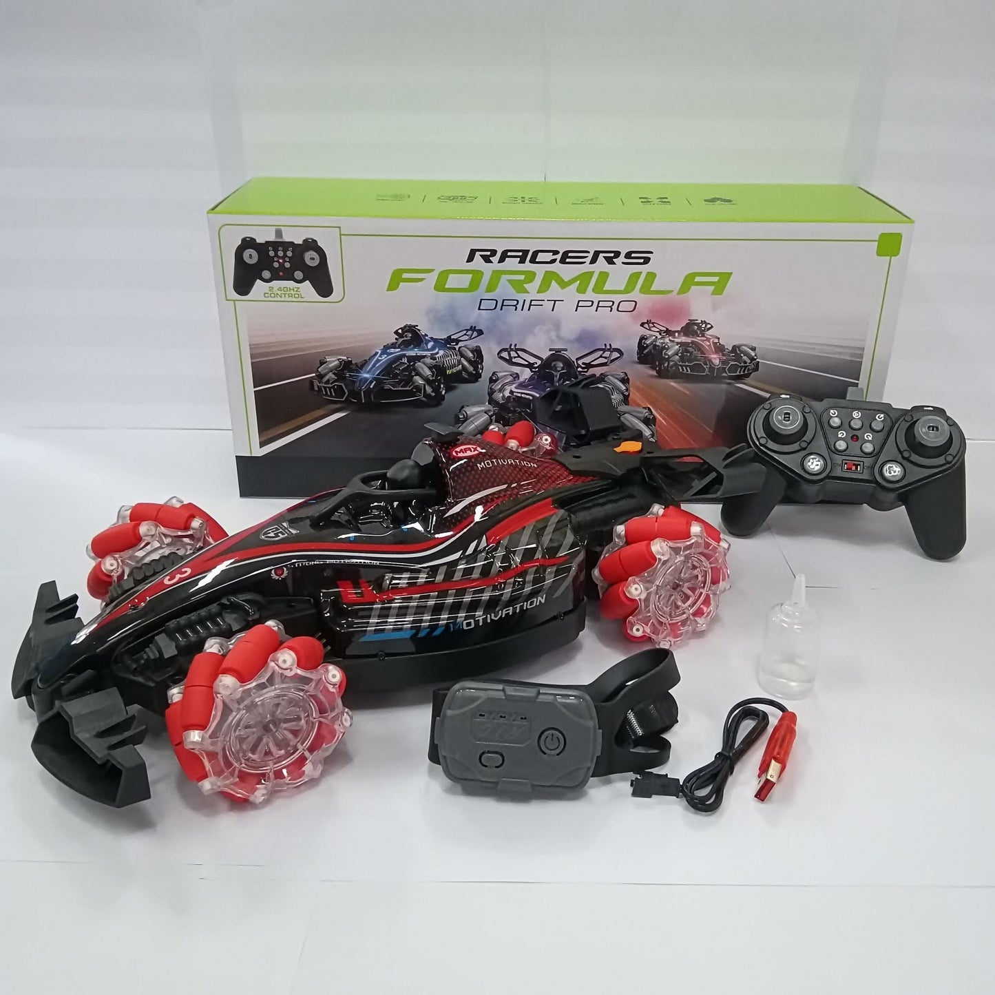 Remote control toy car F1 racing style, with music and light, the tail can be spray.