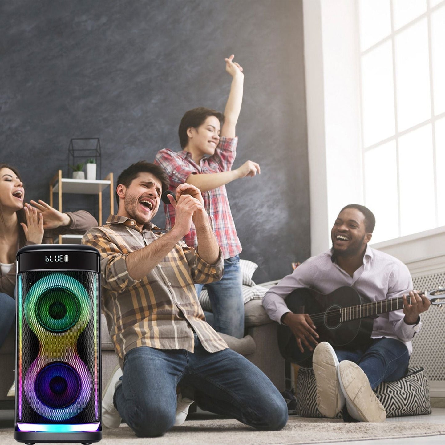Portable Wireless Party Speaker with LED Light Wireless Mic Remote Control TWS Treble Bass Mic. Echo Music Accompany Mic. Priority Guitar In
