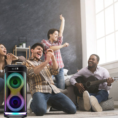 Portable Wireless Party Speaker with LED Light Wireless Mic Remote Control TWS Treble Bass Mic. Echo Music Accompany Mic. Priority Guitar In