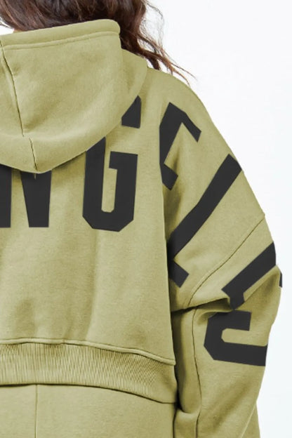 American Bazi Letter Graphic Long Sleeve Drawstring Cropped Hoodie