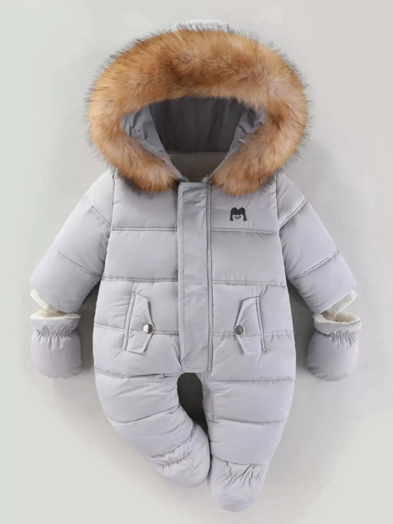 Children's Warm Padded One-Piece Snowsuit with Fur Hood