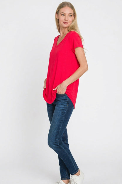 Zenana Rayon Short Sleeve V-neck Round Hem Top