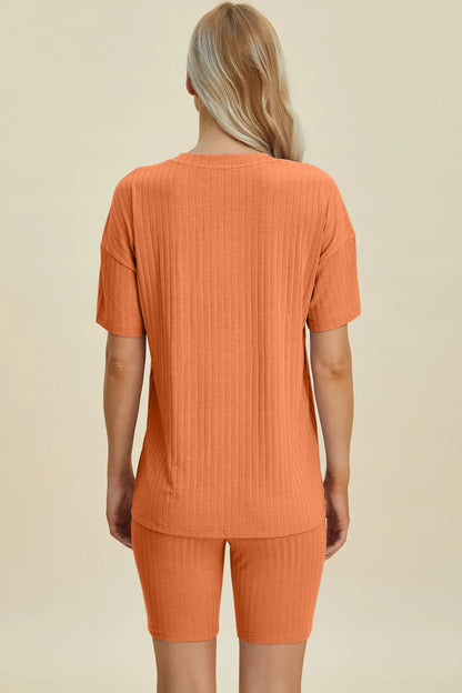 Basic Bae Full Size Ribbed V-Neck Short Sleeve Top and Shorts Set