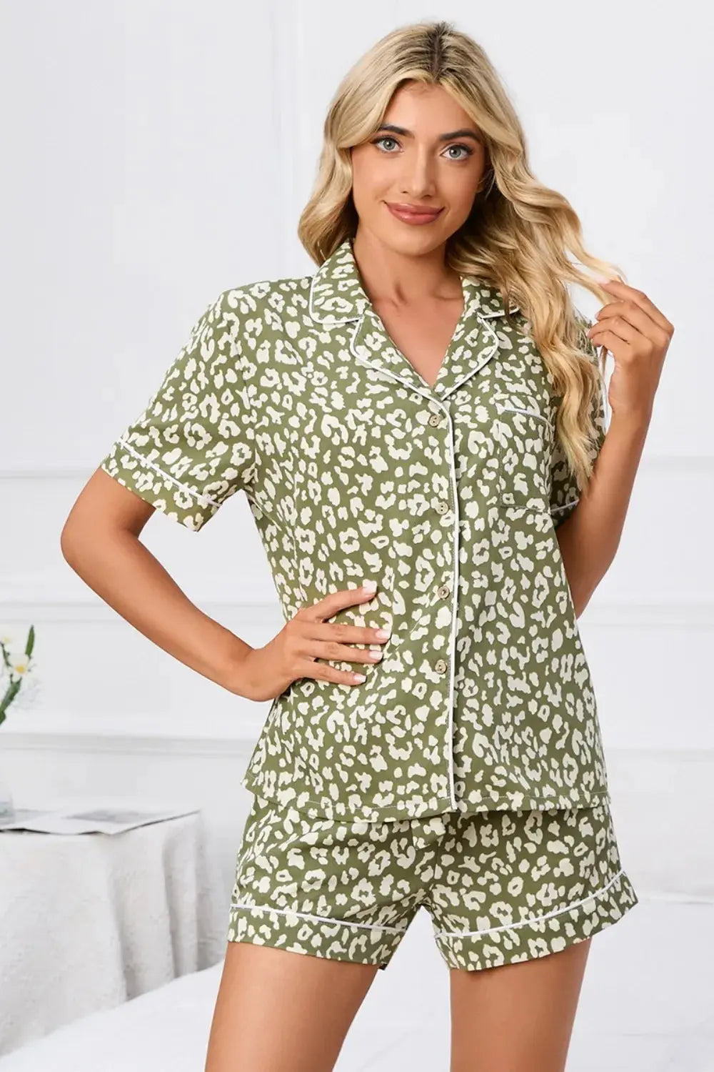 Full Size Leopard Short Sleeve Top and Shorts Lounge Set Plus Size