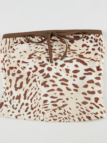 Leopard Print Strapless Top and Skirt Two-Piece Set