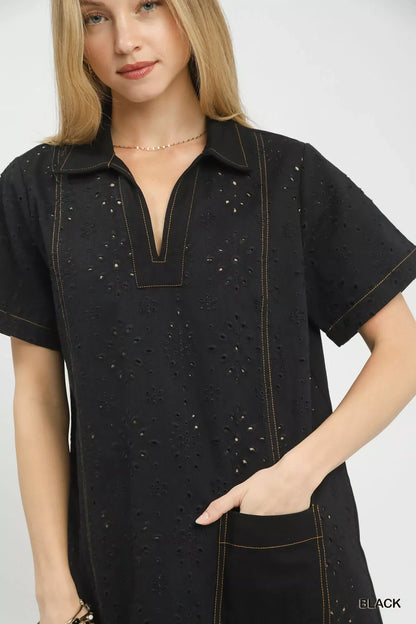 Umgee Eyelet Short Sleeve Shift Dress with Pocket