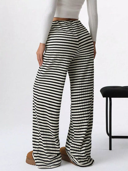 Striped Ribbed Knit Drawstring Waist Wide Leg Pants