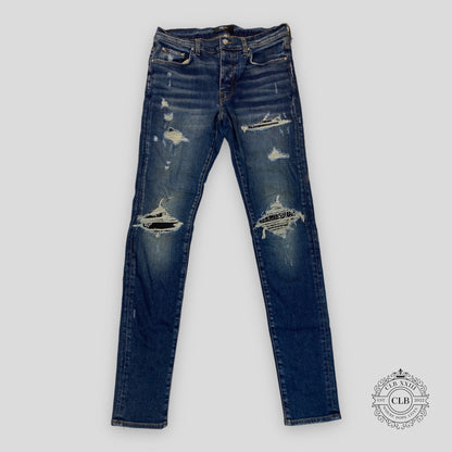 Amiri MX1 Black Bandana Patch Jeans in Deep Classic Indigo