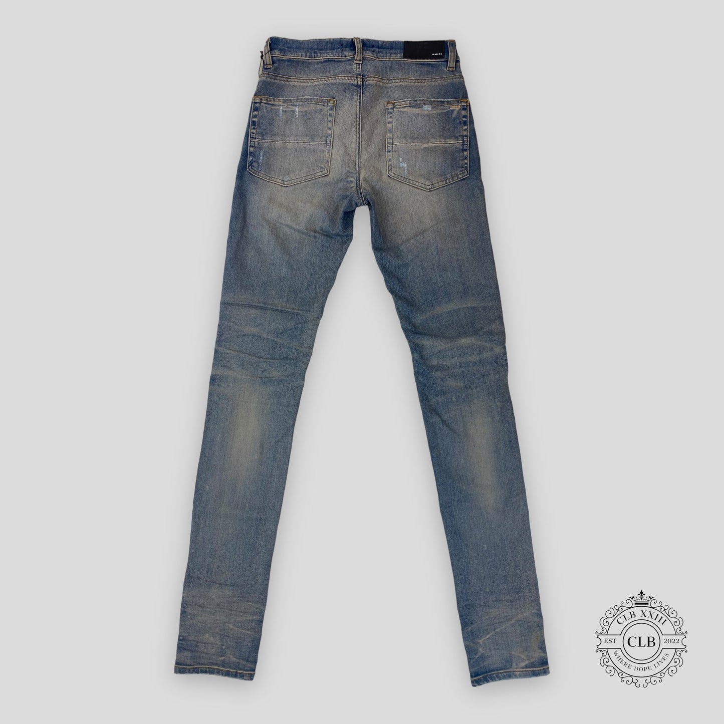 Amiri MX1 Black Leather Patch Jeans in Clay/Indigo