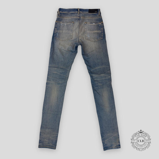 Amiri MX1 Black Leather Patch Jeans in Clay/Indigo
