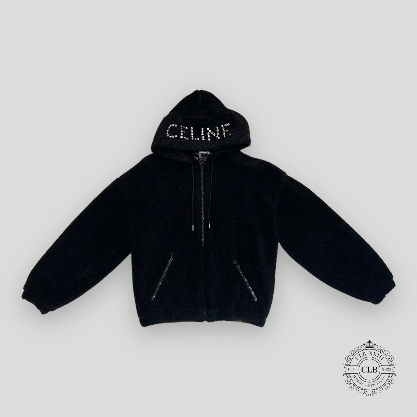 Celine Homme Logo Embellished Fleece Hoodie in Black