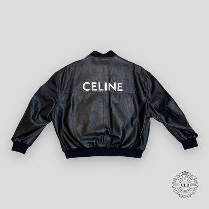 Celine Homme Studded Logo Leather Bomber Jacket in Black